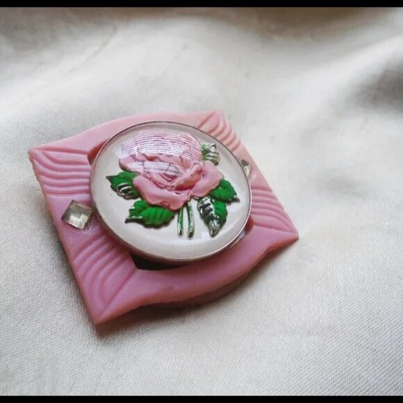 Pink Rose Brooch With Vintage Goofus Glass Retro Romantic - Picture 6 of 12